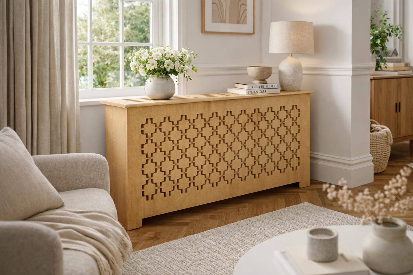 Helg Design Custom radiator cover Style 2 installed in living room unfinished MDF modern interior design