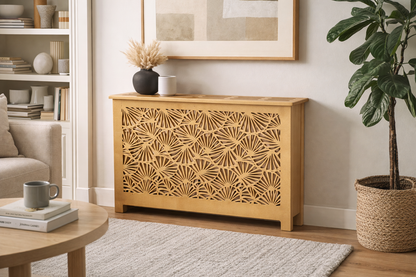 Helg Design Custom radiator cover Style 3 installed in living room unfinished MDF modern interior design
