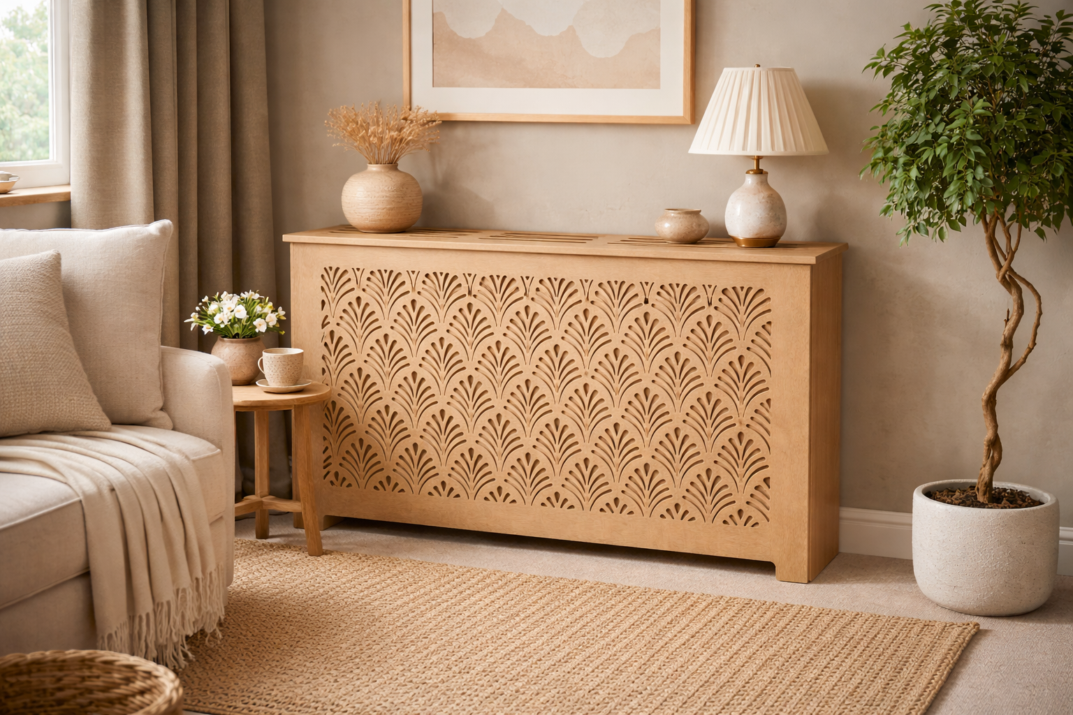 Helg Design Custom radiator cover Style 4 installed in living room unfinished MDF modern interior design