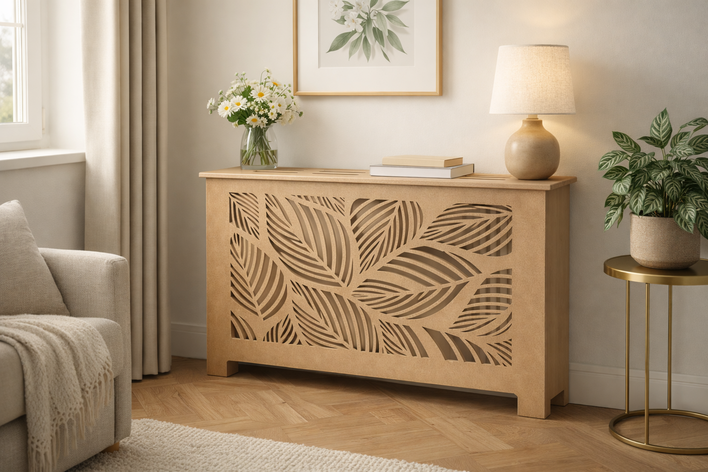 Helg Design Custom radiator cover Style 5 installed in living room unfinished MDF modern interior design