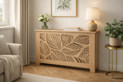 Helg Design Custom radiator cover Style 5 installed in living room unfinished MDF modern interior design