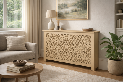 Helg Design Custom radiator cover Style 6 installed in living room unfinished MDF modern interior design