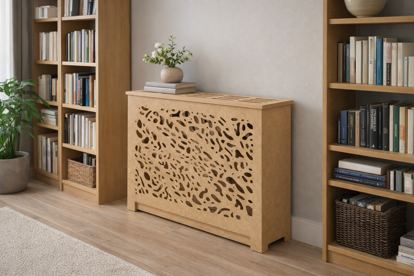 Helg Design Custom radiator cover Style 7 installed in living room unfinished MDF modern interior design