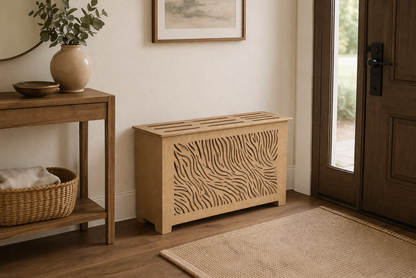 Helg Design Custom radiator cover Style 8 installed in living room unfinished MDF modern interior design