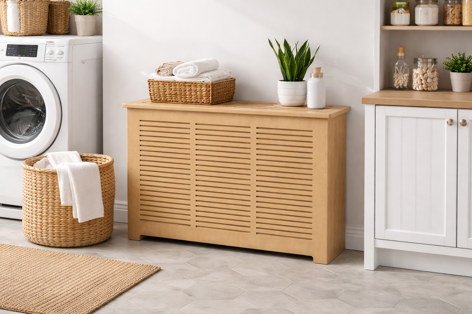 Helg Design Custom radiator cover Style 9 installed in living room unfinished MDF modern interior design