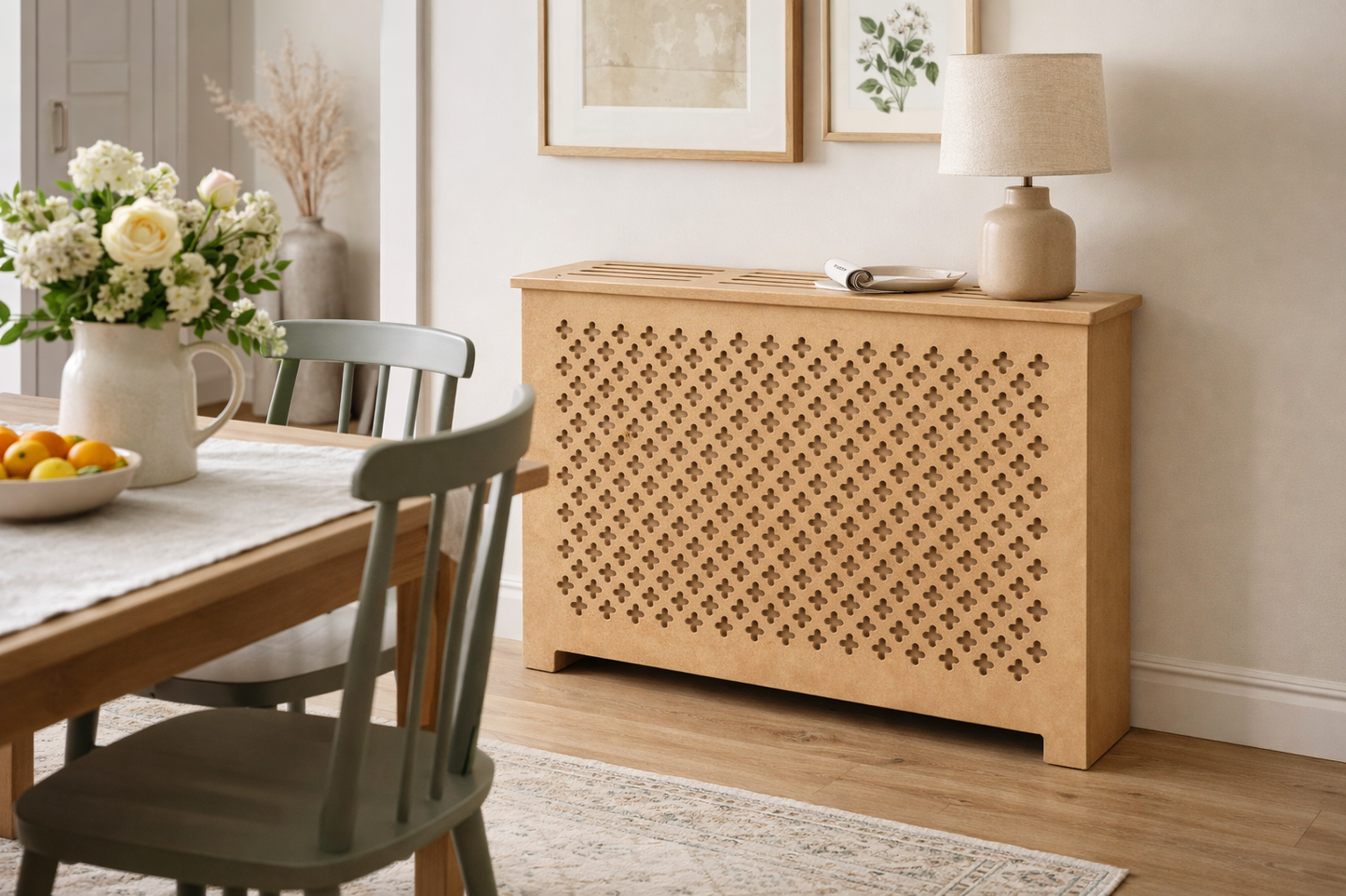 Helg Design Custom radiator cover Style 10 installed in living room unfinished MDF modern interior design