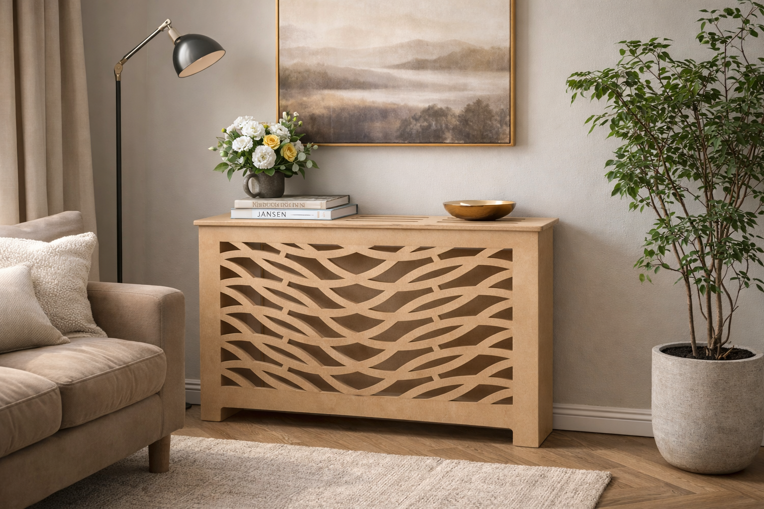 Helg Design Custom radiator cover Style 1 installed in living room unfinished MDF modern interior design